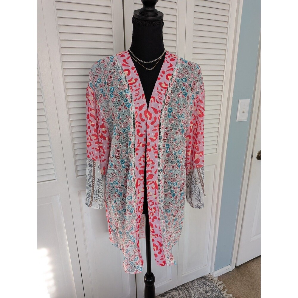 Bohemian Women’s XL Kimono Shawl Swiss Dot Sheer Mixed Floral Print Cottage Core